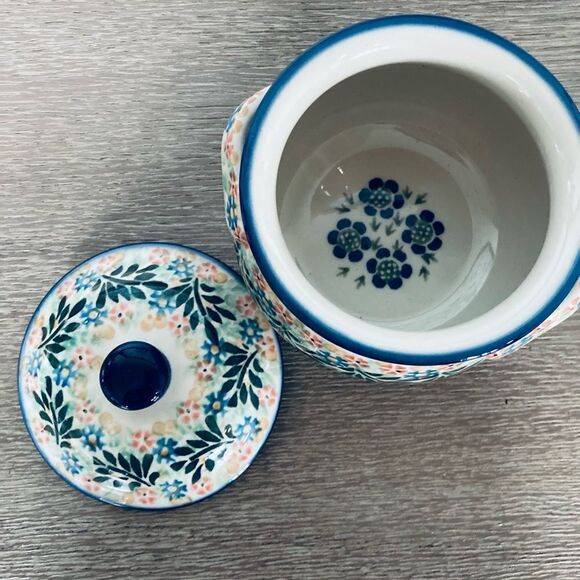 Boleslawiec Unikat Polish Pottery Ceramic Lidded Jar & Saucer Set - Picture 4 of 9